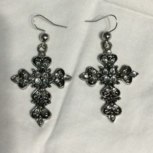 2.5” silver cross earrings with white stones